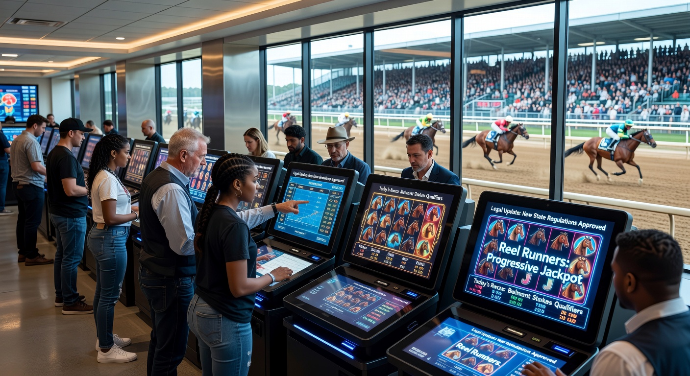Horse racing track with digital slot reels overlay, symbolizing the blend of traditional betting and modern casino gaming