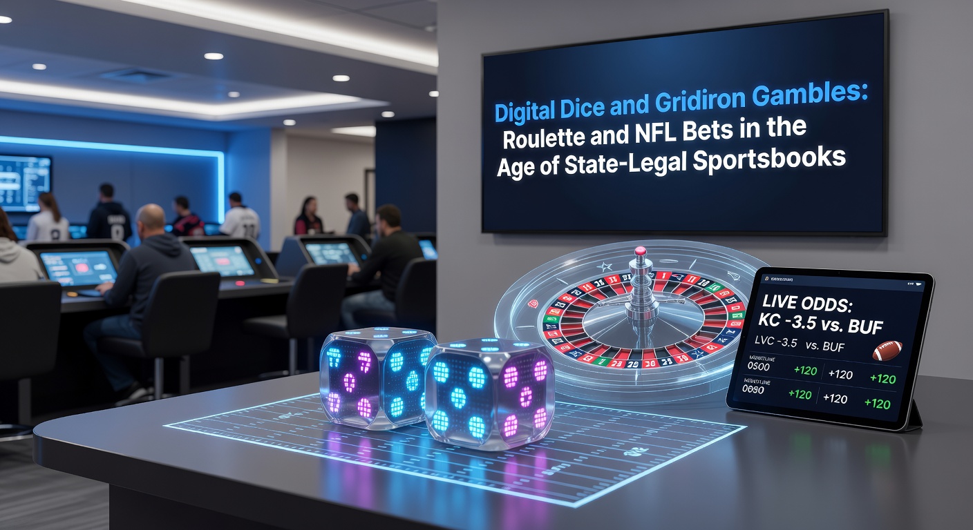 Vibrant digital roulette wheel spinning alongside NFL football action on a mobile sportsbook app, symbolizing the fusion of casino games and sports betting in legal US markets