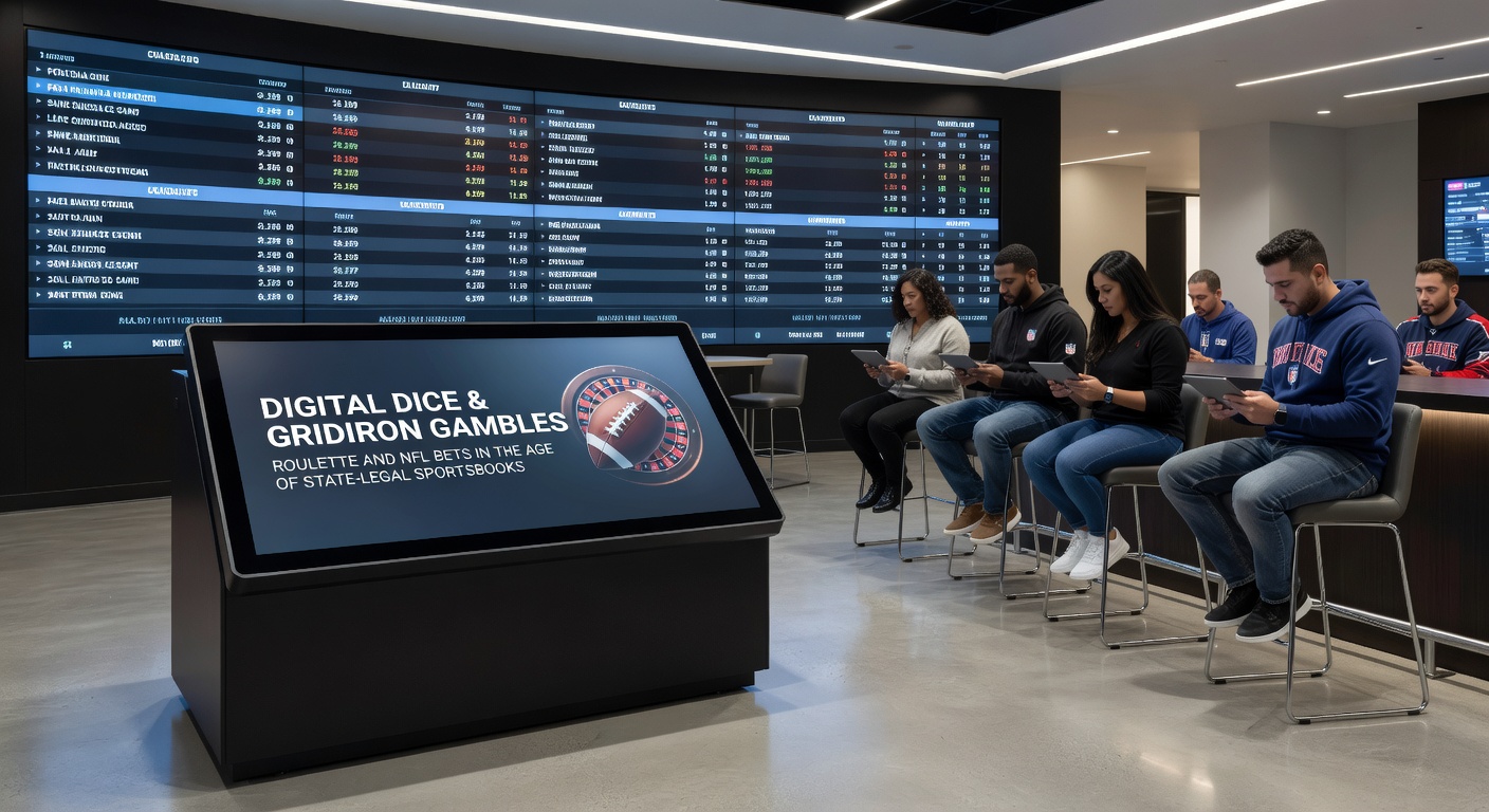Mobile screen showing NFL betting slips next to a spinning digital roulette wheel, highlighting seamless app integration in state-regulated gambling
