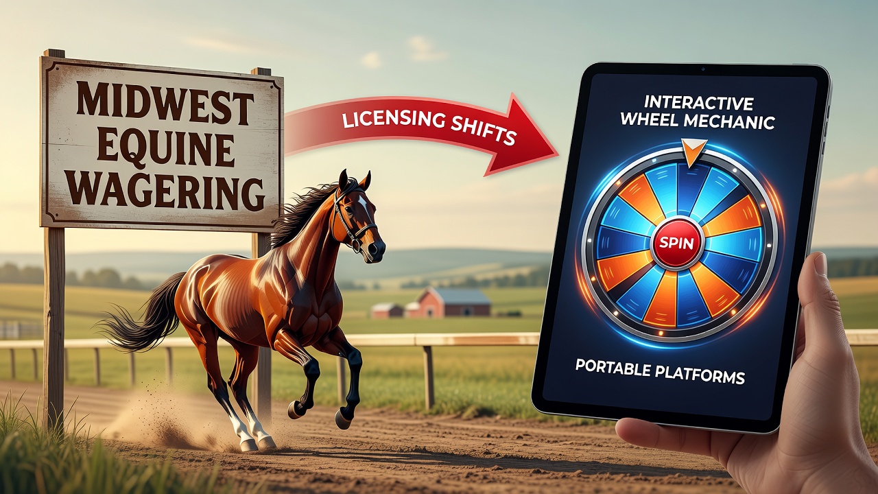 Midwestern landscape with mobile gaming devices overlaying horse racing and roulette wheel imagery