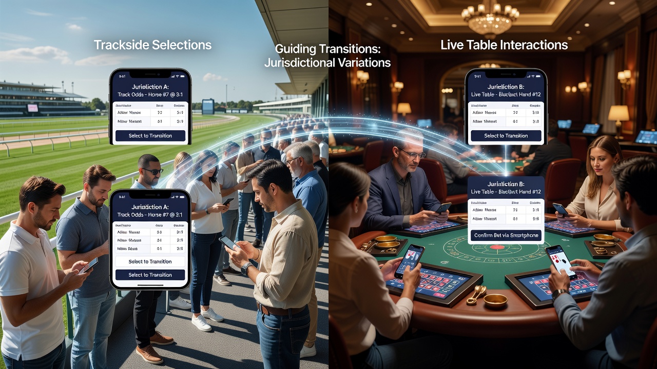 Smartphone screen showing horse racing bets transitioning to live dealer table games across different state regulatory boundaries