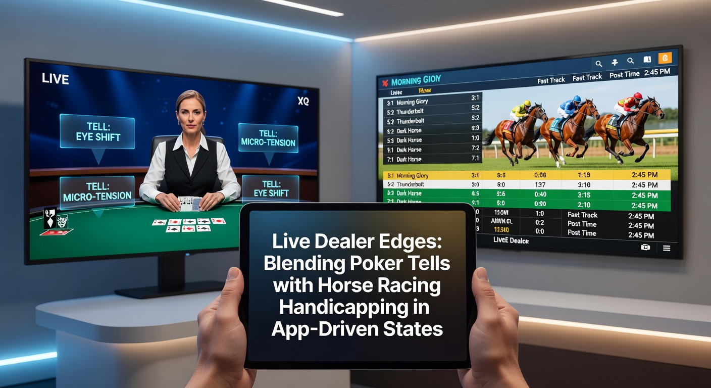 Live dealer poker table streamed via app, overlaid with horse racing odds screen from a mobile betting platform in a US state