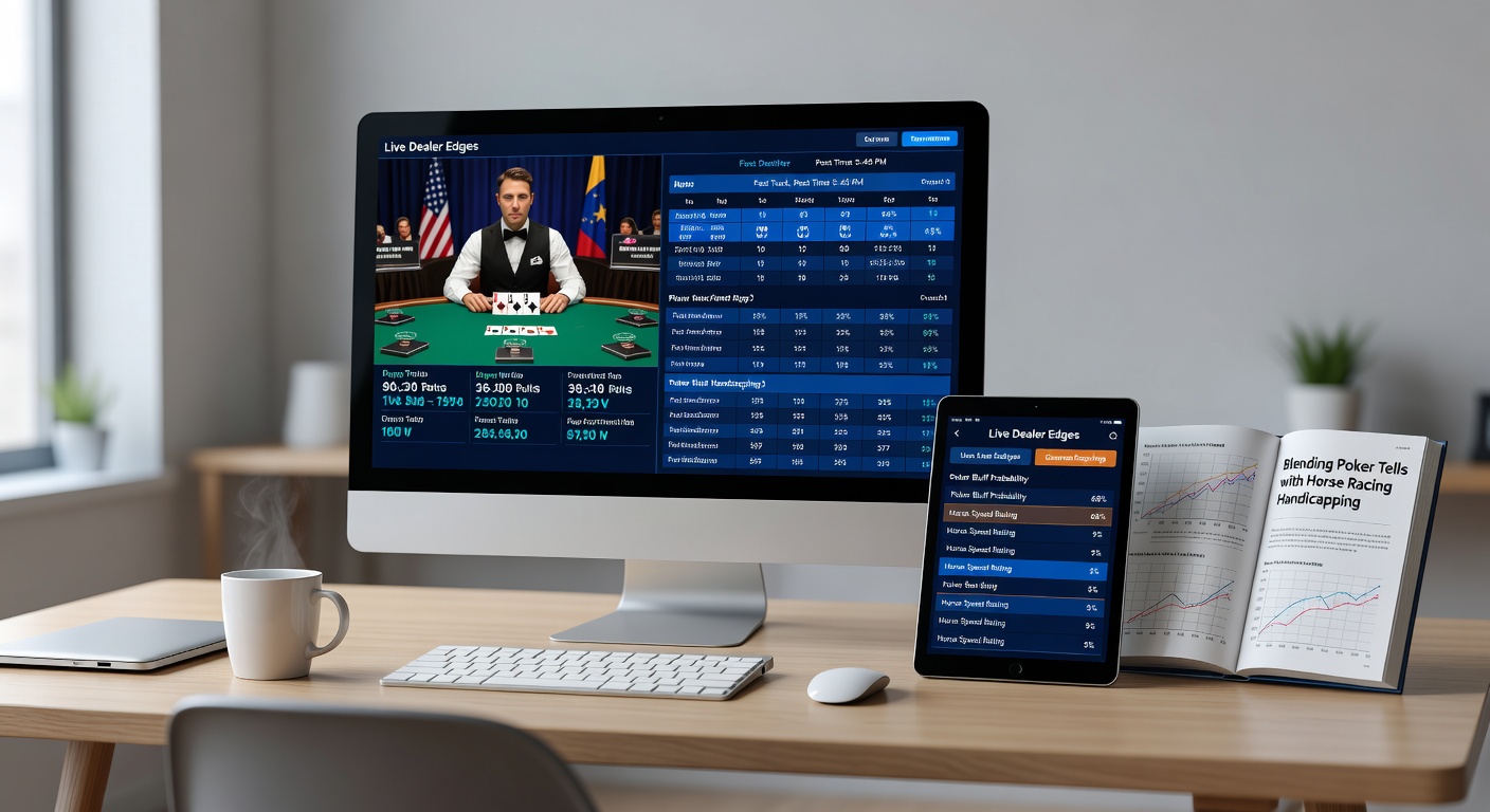 Mobile app screen splitting live dealer blackjack with horse racing handicapping charts, illustrating blended betting strategies in real-time
