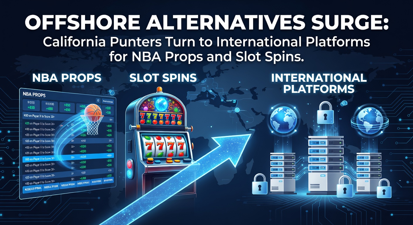 Vibrant digital screens displaying NBA player props and colorful slot reels on offshore betting platforms, with California skyline in the background
