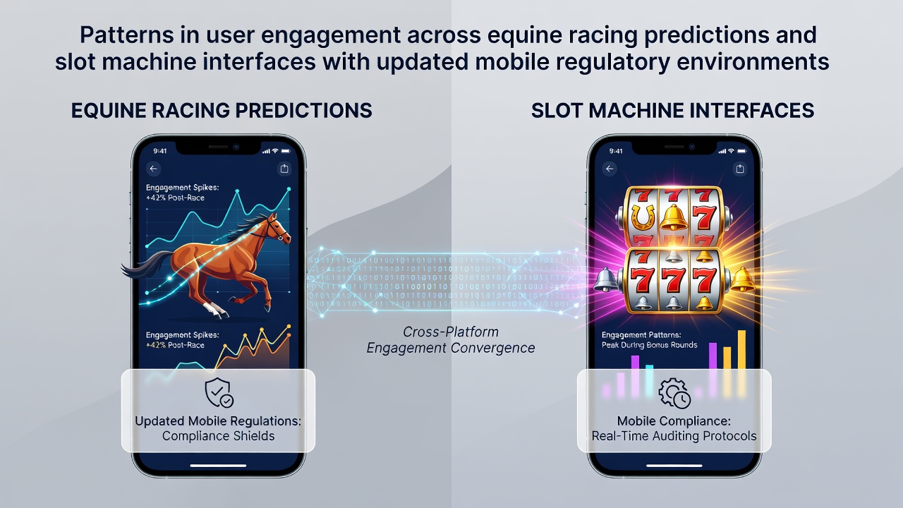 Mobile app interfaces showing equine racing predictions alongside slot machine games under regulatory updates