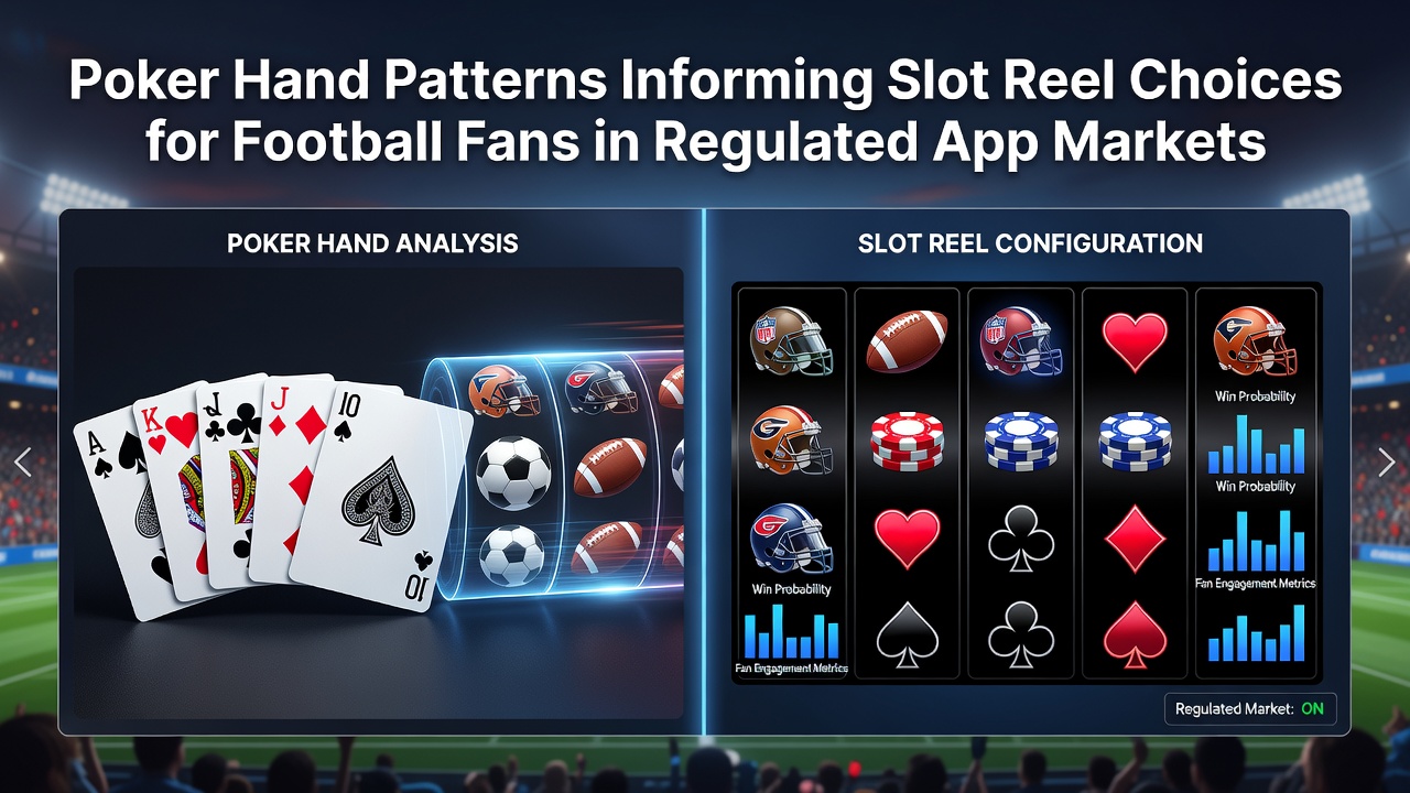 Mobile app interface showing poker hand patterns overlaid on slot reels with football-themed graphics