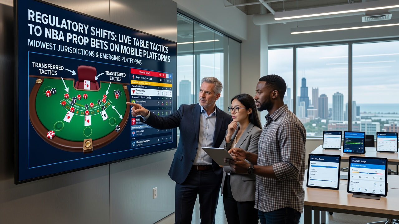 Mobile app interface showing NBA prop bet options alongside live table game strategy overlays in a Midwest regulatory context