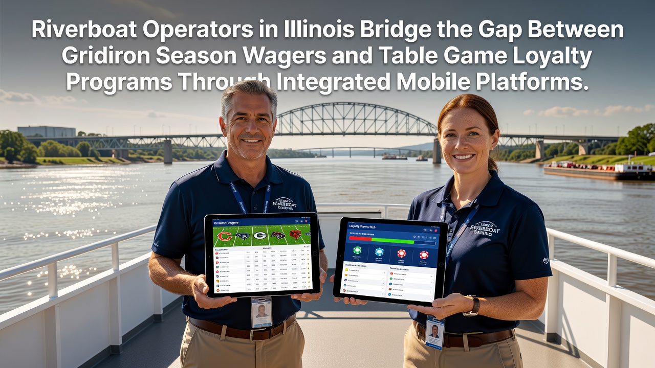 Illinois riverboat casino exterior with mobile app overlay showing integrated NFL betting and table game rewards interface